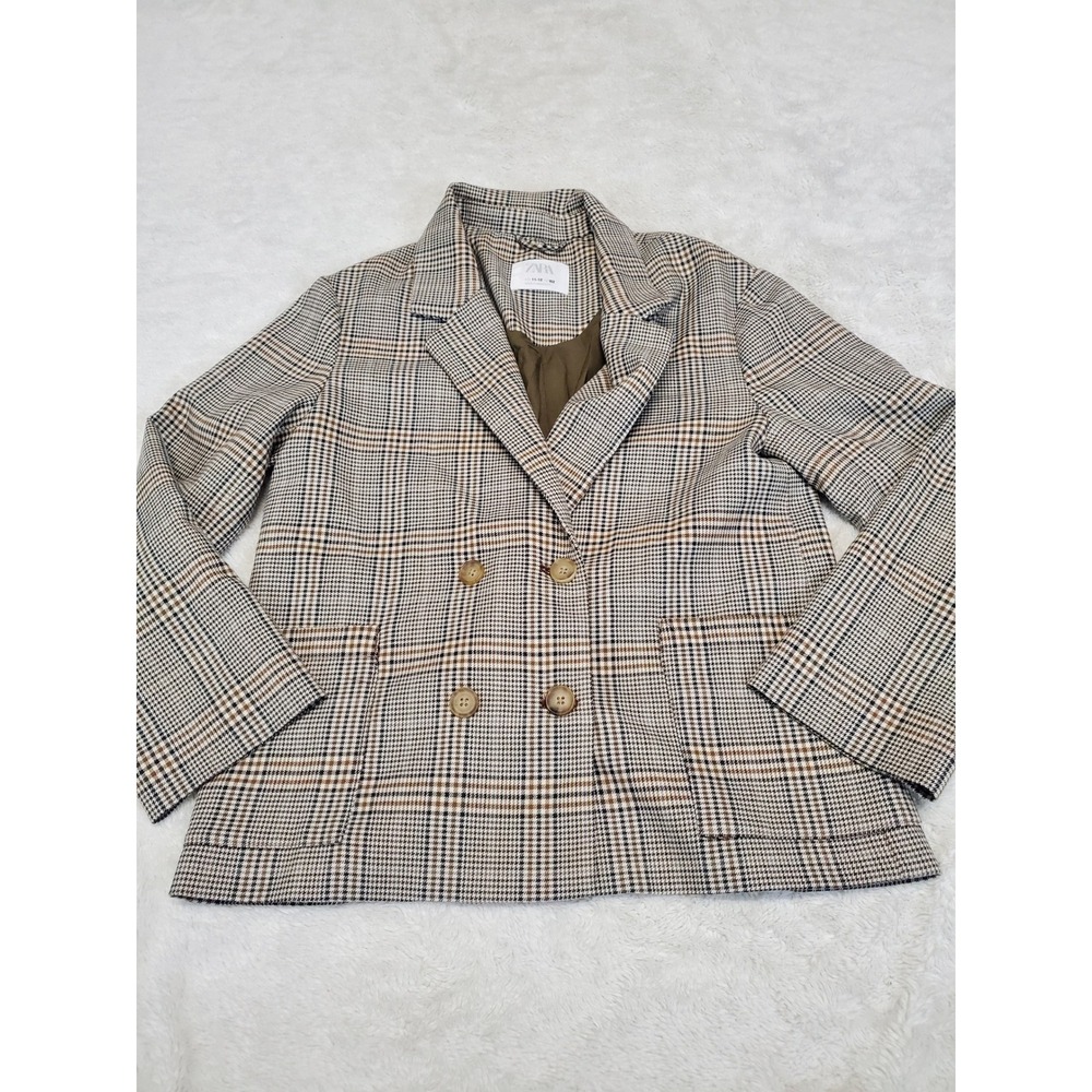 Zara Cream Tan Black Plaid Classic Cropped Jacket Blazer 11 12 Office Academia